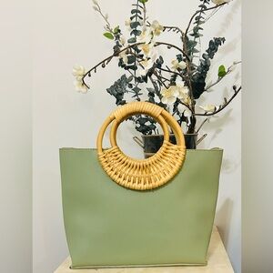 Beautiful Green Tote Bag with Rattan Handles
